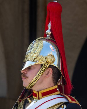 Londra, İngiltere - 26 Mayıs 2023: Londra, İngiltere 'deki At Muhafızları' nda çekilmiş bir Kral Cankurtaranı.