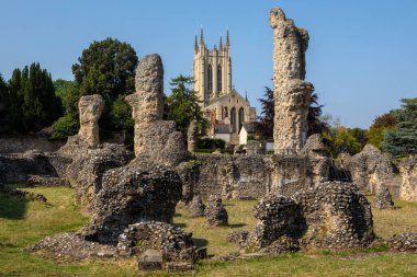 Bury St. Edmunds Manastırı 'nın harabelerinden bazılarının manzarası, arka planda St. Edmundsbury Katedrali kulesi, Suffolk, İngiltere' deki tarihi Bury St. Edmunds kasabası..