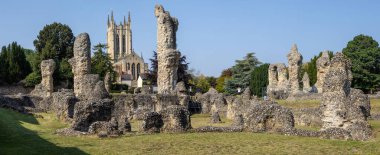 Bury St. Edmunds Abbey harabelerinin panoramik manzarası, arka planda St. Edmundsbury Katedrali, Suffolk, İngiltere 'deki tarihi Bury St. Edmunds kasabası..