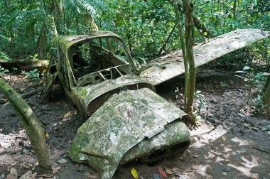 Kosta Rika 'daki Corcovado Ulusal Parkı' nda bir uçak enkazı.                         