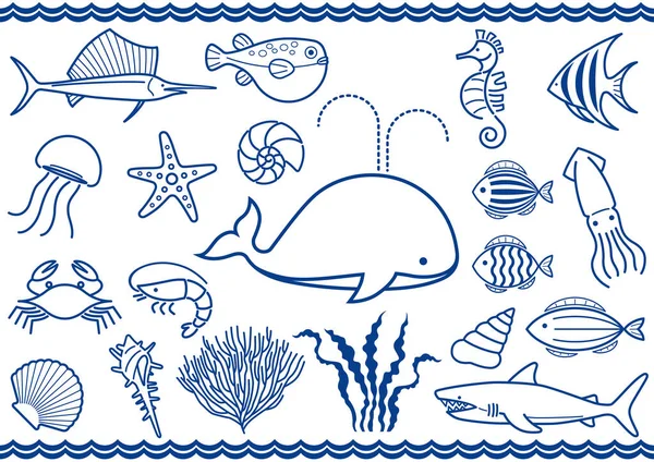 Vector Marine Life Icon Set Isoliert Auf Weißem Hintergrund — Stockvektor