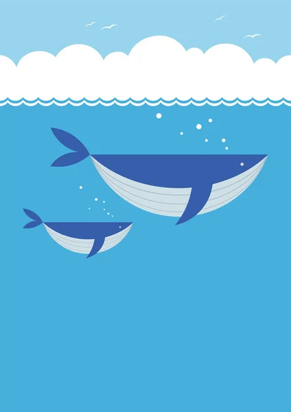 青い背景とテキスト空間を持つ海のシームレスなフラットイラストでベクトルブルークジラの家族 水平方向に繰り返し可能 — ストックベクタ