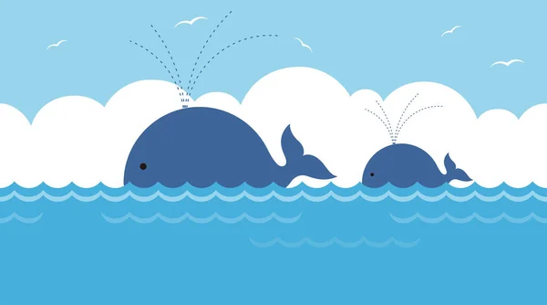 Vector Blue Whale Family Sea Seamless Background Illustration Blue Sky — 스톡 벡터
