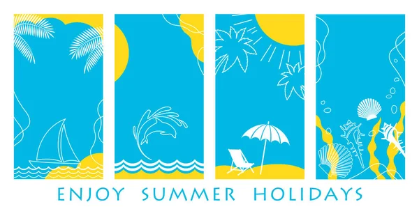Vector Sommer Grußkarten Vorlage Set Mit Strand Meer Blauem Himmel — Stockvektor