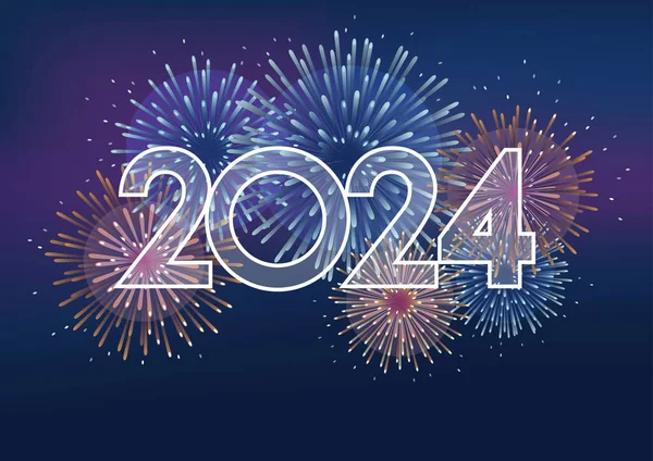 2024 yılı logosu ve karanlık bir arka planda mesaj alanı olan havai fişekler. Yeni Yılı Kutlayan Vektör illüstrasyonu.