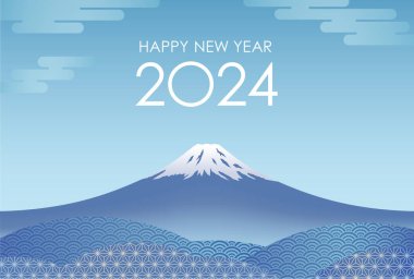 2024 Yılının Yeni Yıl Kutlama Kart Şablonu Mavi Gök ve Mt. Fuji Eski Japon desenleriyle süslenmiş.