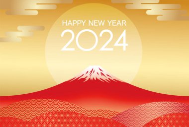 Yıl 2024 Red Mt. 'li yeni yıl tebrik kartı vektör şablonu. Fuji ve Doğan Güneş Altın Arkaplanda.