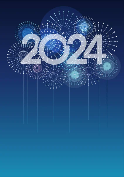 2024 yılı logosu ve mavi arka planda mesaj alanı olan havai fişekler. Yeni Yılı Kutlayan Vektör illüstrasyonu. 