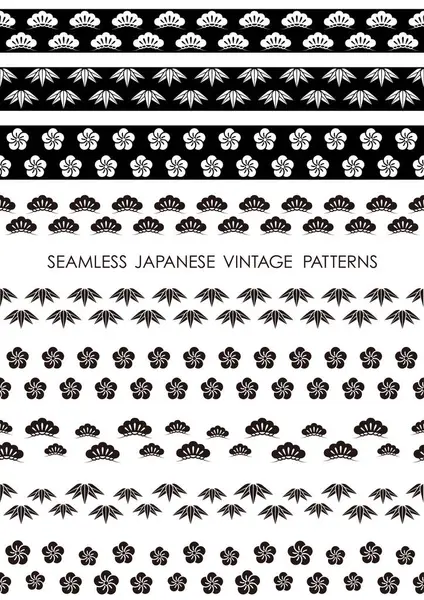 Set Von Monochromen Japanischen Vintage Nahtlose Grenzen Vektorillustration Horizontal Wiederholbar Stockillustration