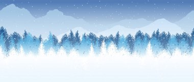 Arkaplanda karla kaplı dağlar olan Kusursuz Kış Ormanı Arkaplan Resimleri. Yatay Olarak Tekrarlanabilir.