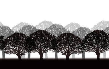 Vector Monochrome Kusursuz Ormansız Siluet Arkaplan Çizimi Metin Uzayı. Yatay Olarak Tekrarlanabilir.