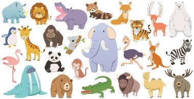 Beyaz bir arkaplanda izole edilmiş sevimli çizgi film Vahşi Hayvanlar Vektör İllüzyonu.