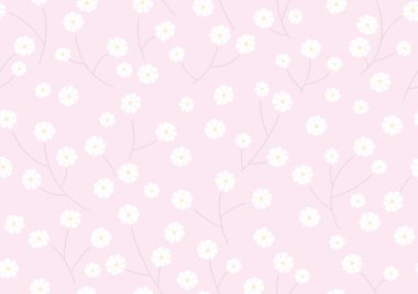 Pembe arka planda beyaz çiçek deseni olan kusursuz bir vektör geçmişi. Yatay ve Dikey Olarak Tekrarlanabilir.