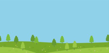 İlkbahar Vektör Resimlerinde Kusursuz Düz Tarz Manzarası. Yatay Olarak Tekrarlanabilir