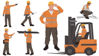 Construction Workers Vector Flat Illustration Set Isolated On A White Background. clipart