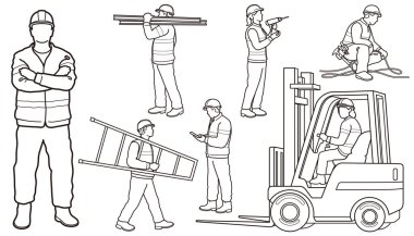 Set Of Construction Workers Monochrome Line Drawing Set Isolated On A White Background. clipart