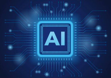 Koyu mavi bir arkaplanda Vektör Yapay Zeka Mikroçip Konsepti Görünümü. 