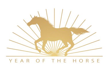 Atlı Çin Zodiac Sembolü yılı. Dörtnala giden bir at ve beyaz bir arka planda izole edilmiş gün doğumu. Vektör İllüstrasyonu.