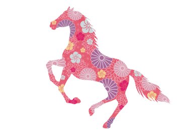 Beyaz bir arkaplanda izole edilmiş Japon klasik desenleriyle süslenmiş at vektörü Zodiac Sembolü Yılı. 