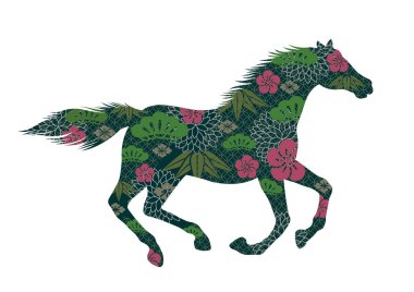 Beyaz bir arkaplanda izole edilmiş Japon klasik desenleriyle süslenmiş at vektörü Zodiac Sembolü Yılı. 