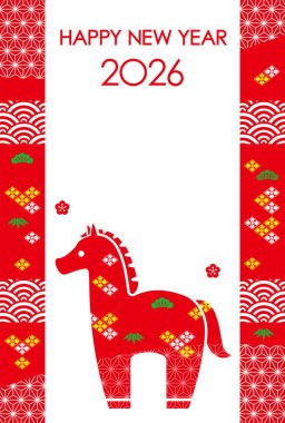 2026, At Yılı, Yeni Yıl Kutlama Kartı Şablonu. Vektör İllüstrasyonu. 