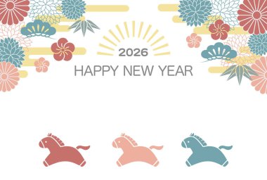 At Yeni Yıl tebrik kartı şablonu şirin dört nala koşan atlar, Japon klasik çiçek dekorasyonu ve metin uzayı. Vektör Düz Biçim Çizimi. 