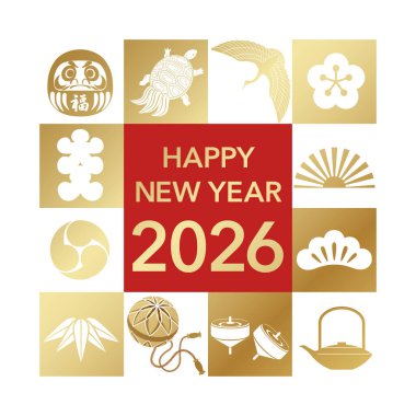 Yıl 2026 Yeni Yıl Vekil Selamlama Sembolü. Beyaz bir arka planda izole edilmiş Japon klasik şans tılsımlarıyla. Kanji Çevirisi - Servet. Dolu Ev. 