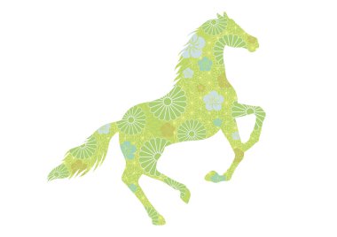 Beyaz bir arkaplanda izole edilmiş Japon klasik desenleriyle süslenmiş at vektörü Zodiac Sembolü Yılı. 