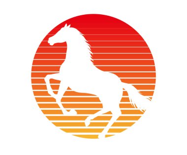 Beyaz bir arka planda izole edilmiş gün doğumu sembollü zıplayan bir at silueti. Vektör İllüstrasyonu. 