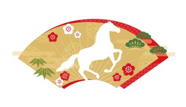 Beyaz bir arka planda izole edilmiş Japon model yelpaze şeklinde bir arka planda hoplayıp zıplayan bir atla at Zodiac Sembolü Yılı. Vektör İllüstrasyonu.