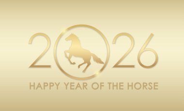 2026, At Yılı, Yeni Yıl Kutlama Kart Şablonu Şablonu Şampanya Altını Altında Zıplayan At Silueti.