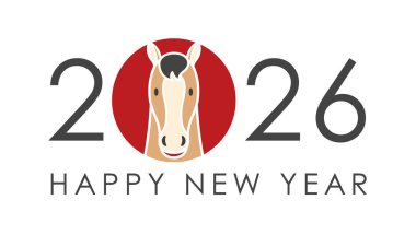 2026, At Yılı, Yeni Yıl Karşılama Sembolü Tam Yüzlü Şirin Bir At. Vektör Resimleri Beyaz Arkaplanda İzole Edildi. 