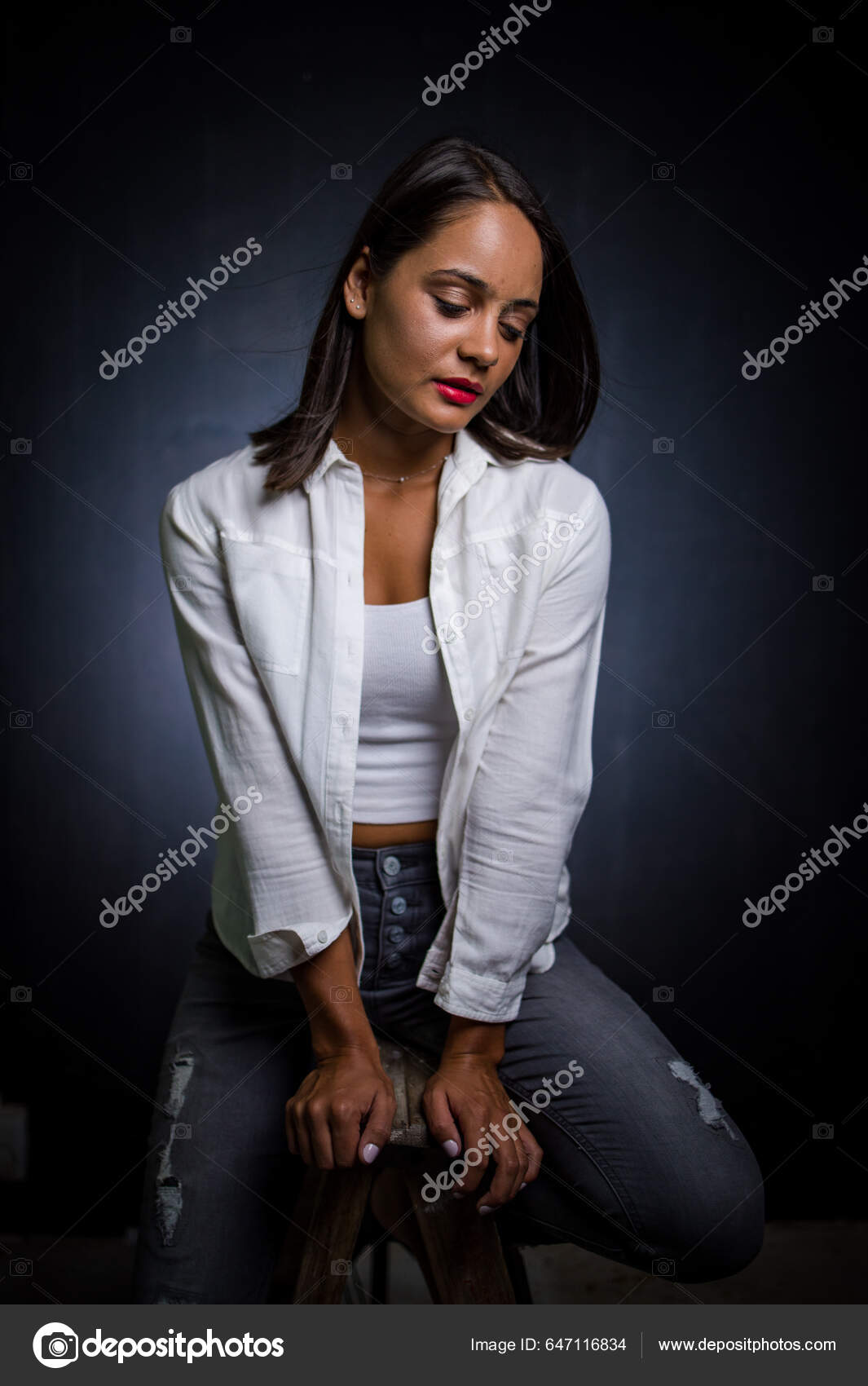 Pretty Dark Haired Girl Posing Fashion Shoot Studio She Dressed
