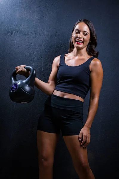 Pretty Dark Haired Girl Posing Kettle Bell Fitness Photo Shoot — Stock Photo, Image