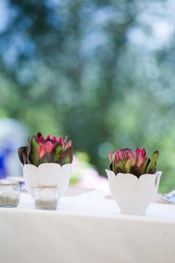 Bu büyüleyici görüntü, gerçek bir düğünün zarif dekorunu ve büyüleyici çiçek düzenlemelerini gözler önüne seriyor. Fotoğrafta zarif çiçekler, mumlar ve diğer dekoratif el ile süslenmiş büyüleyici bir düğün yerinde güzel dekore edilmiş bir masa yer alıyor.