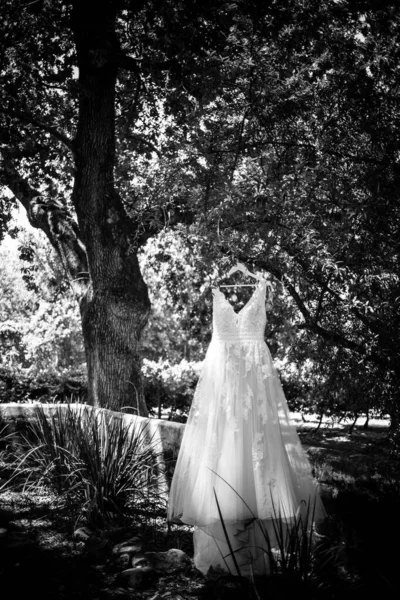 这张迷人的照片展示了一件婚纱 里面有复杂的细节 都是以独特的方式拍摄的 这张照片上有一件漂亮的白色婚纱 花边细腻精致 头饰精美 这条裙子是照下来的 — 图库照片