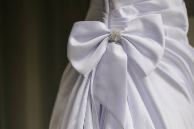 Bu büyüleyici görüntü, yaratıcı ve benzersiz bir şekilde fotoğraflanmış karmaşık detaylarla dolu bir gelinlik sergiliyor. Fotoğrafta karmaşık dantelli ve narin boncuklu çarpıcı beyaz bir gelinlik yer alıyor. Elbisenin fro fotografı var.