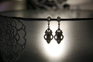 Bu büyüleyici görüntü, küpe, ayakkabı, jartiyer, mücevher ve parfüm gibi gelin aksesuarlarının yaratıcı ve sanatsal bir fotoğrafını sergiliyor. Fotoğraf çeşitli elementlerin güzel bir bileşimidir, karmaşık ayrıntıları vurgular. 