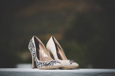 Bu büyüleyici görüntü, küpe, ayakkabı, jartiyer, mücevher ve parfüm gibi gelin aksesuarlarının yaratıcı ve sanatsal bir fotoğrafını sergiliyor. Fotoğraf çeşitli elementlerin güzel bir bileşimidir, karmaşık ayrıntıları vurgular. 