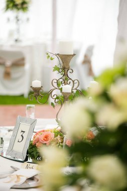 Bu büyüleyici görüntü, gerçek bir düğünün zarif dekorunu ve büyüleyici çiçek düzenlemelerini gözler önüne seriyor. Fotoğrafta zarif çiçekler, mumlar ve diğer dekoratif el ile süslenmiş büyüleyici bir düğün yerinde güzel dekore edilmiş bir masa yer alıyor.