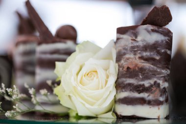 Bu resim, katmanlı keklerden fincan keklere kadar çeşitli çarpıcı düğün pastaları sergiliyor. Fotoğrafta, her biri karmaşık detaylar ve hassas kremalarla özenle dekore edilmiş bir dizi lezzetli pasta yer alıyor. Pastalar vari şeklinde geliyor.
