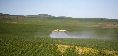 Ekin ilaçlama uçağının çiftlikteki bir tarlaya tahıl sıktığı görüntüyü kapatın.