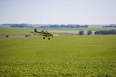 Ekin ilaçlama uçağının çiftlikteki bir tarlaya tahıl sıktığı görüntüyü kapatın.