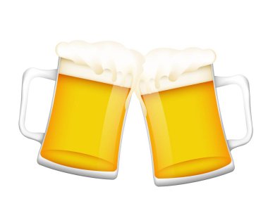 Sarı bira ve köpükle bardakları tokuşturmak. Vektör barlarında rahatlama ve dostça buluşmalar için gerçekçi soğuk algınlığı içeceği.