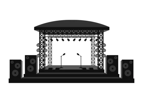 stock vector Music stage with speakers and microphones template. Prepared podium with black roof and spotlights for acoustic concert and vector performances