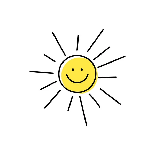 stock vector Smiling yellow sun with rays hand drawn icon. Cheerful sketch face that gives warmth and light for childrens design and vector decoration