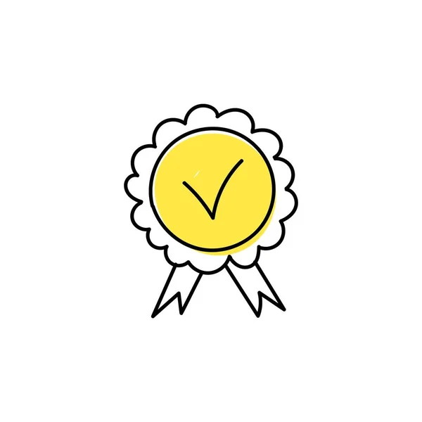 Medaille Gelb Mit Häkchen Handgezeichnetem Symbol Beste Skizzenfreigabe Und Preisverleihung — Stockvektor