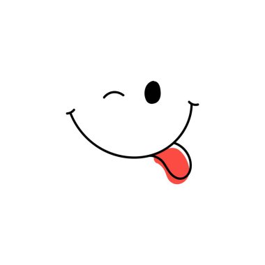 Gülen yüz kırmızı dil çizilmiş ikonu gösteriyor. Neşeli göz kırpan neşeli ruh hali ifade eden eğlence ve vektör neşe