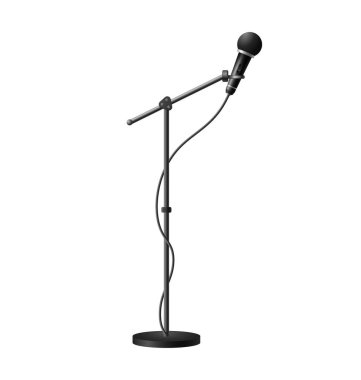 Durmalı ve durmayan bir mikrofon. Röportajlar, konserler ve vektör güç düğmeleri için yuvarlak siyah başlıklı müzik ekipmanı.