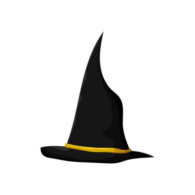 Siyahi cadı şapkası. Cadılar Bayramı büyüsü ve büyücülük için büyücü başlığı. Parti ve vektör bayramları için gösterişli taç süslemesi.